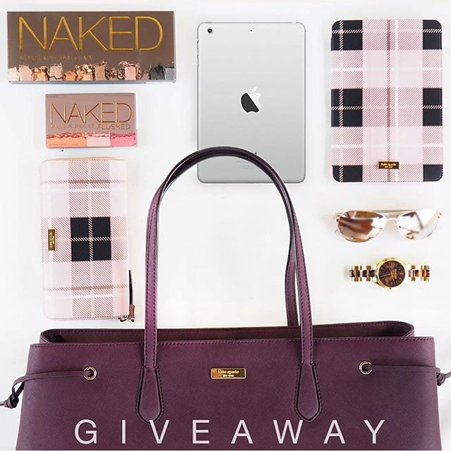 Go to next --&gt; @sugarrose.co 
GIVEAWAY TIME! One lucky follower will win this prize package which consists of a brand new iPad mini, Kate Spade tote bag, Kate Spade wallet, Kate Spade iPad mini case, Kate Spade sunglasses, Urban Decay NAKED palett