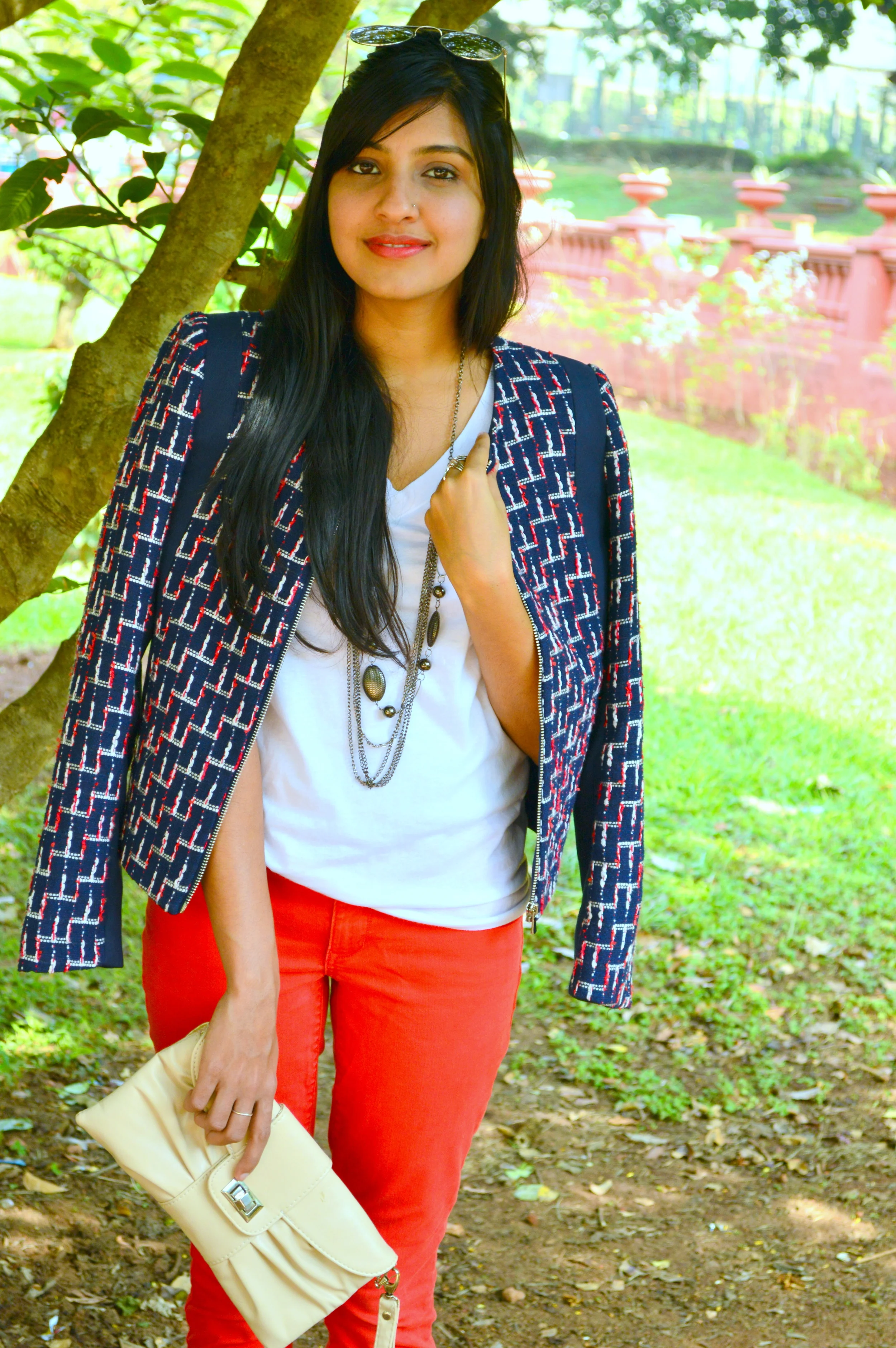 Colored Skinnies + Statement Jacket