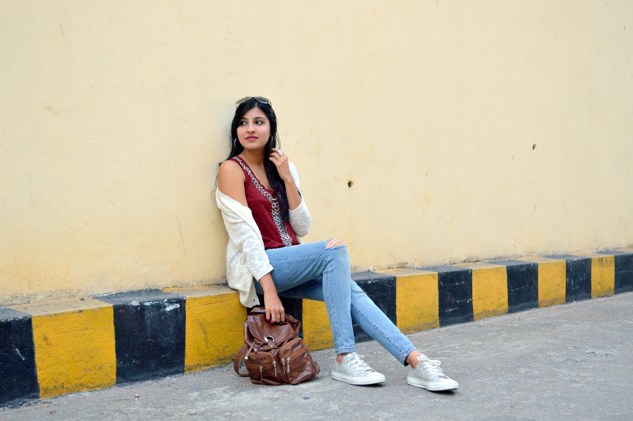 Sporty Chic: Embellished Blouse + Distressed Denim