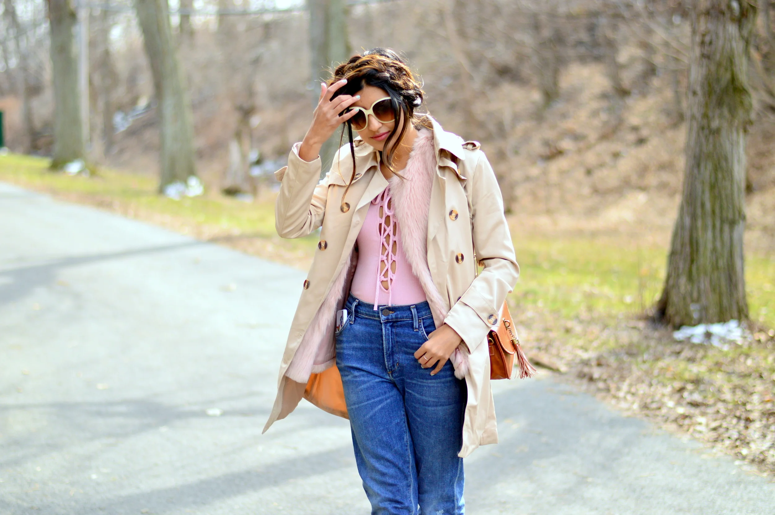 Spring Transition Style: Trench Coat + Lace-Up Bodysuit