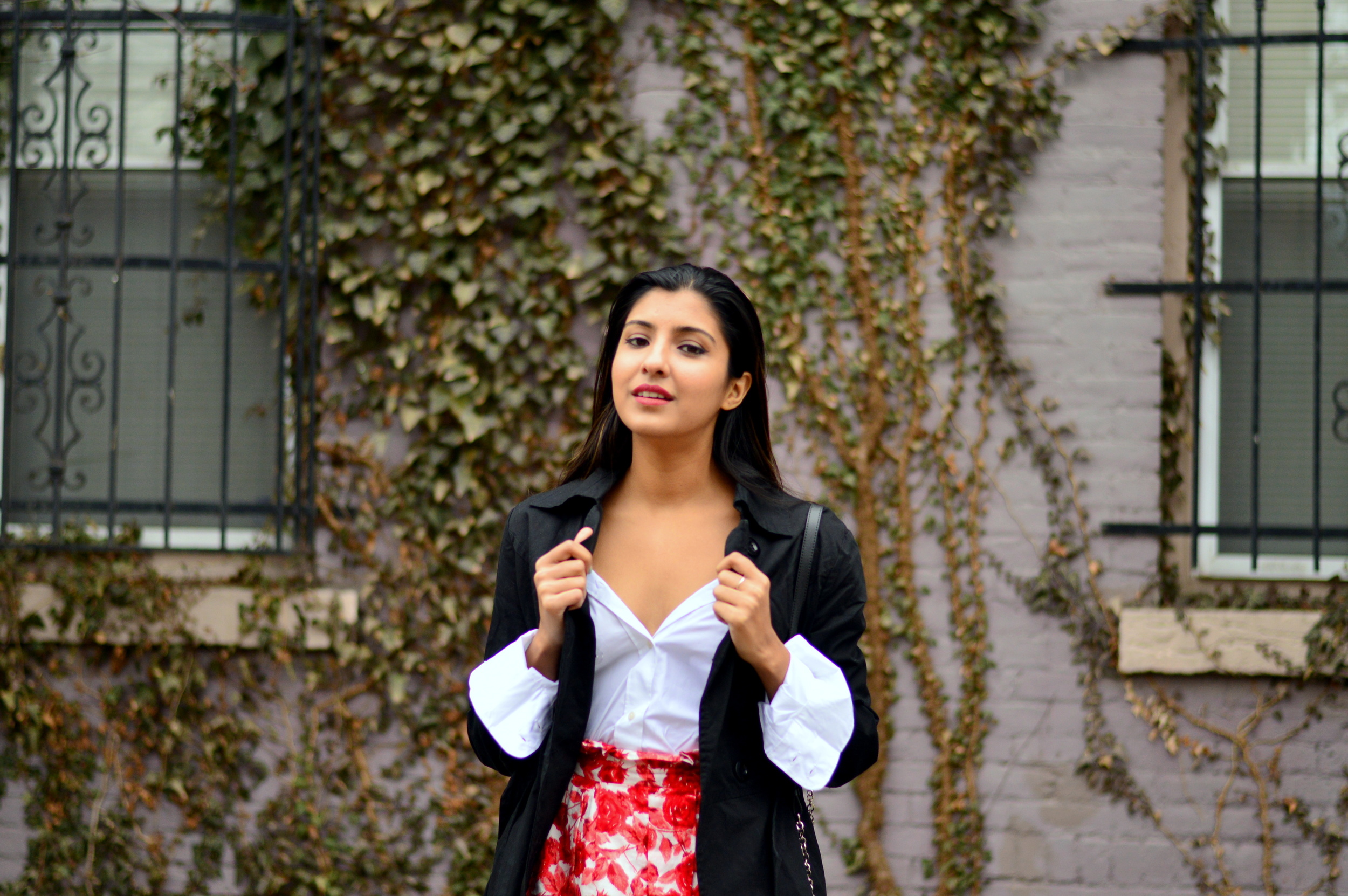 Smooth Transition: White Button-down + Rose Print Skirt