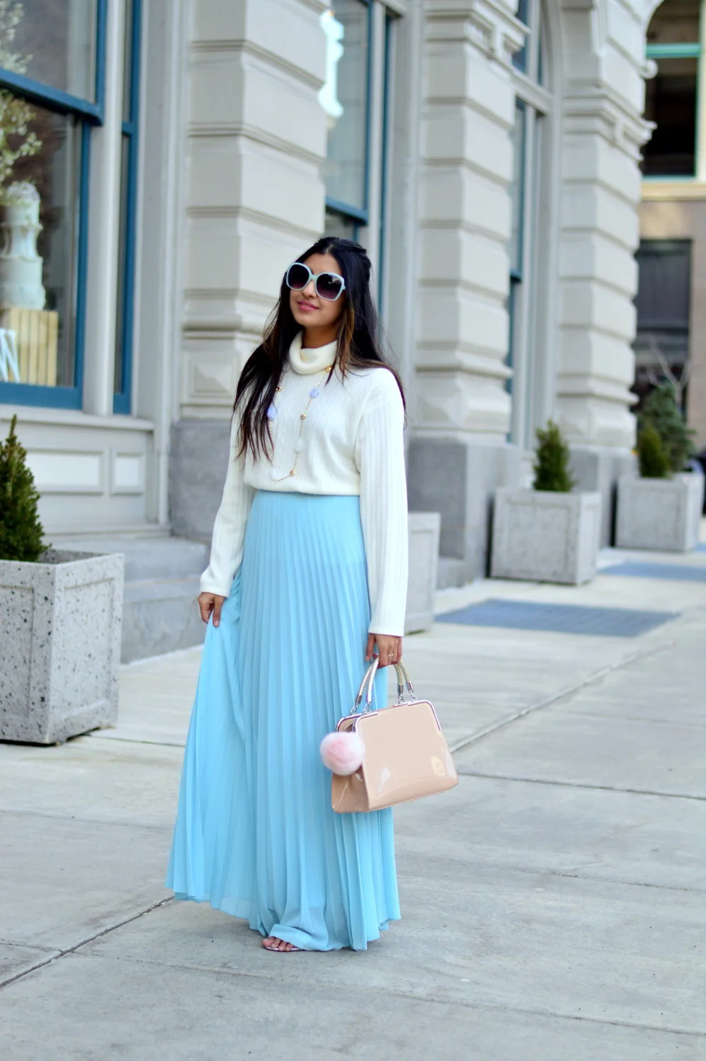 blue pleated maxi skirt