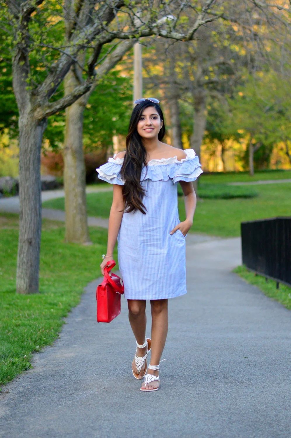 chambray bardot dress