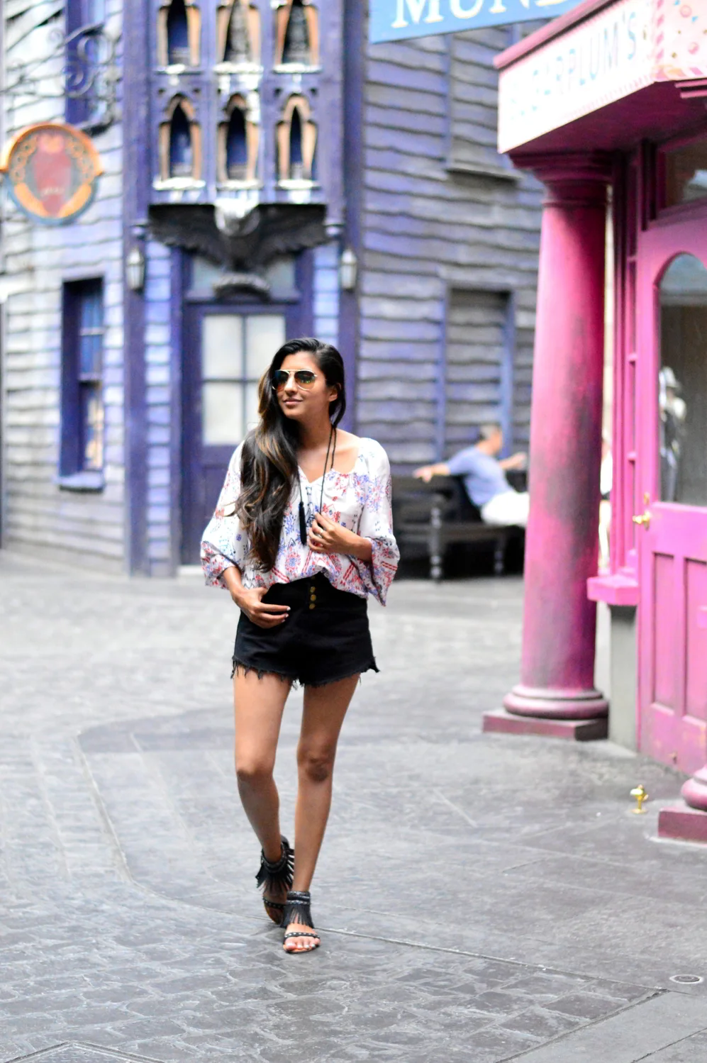 denim-highwaisted-cutoff-shorts-printed-tasseled-peasant-blouse-summer-outfit 2
