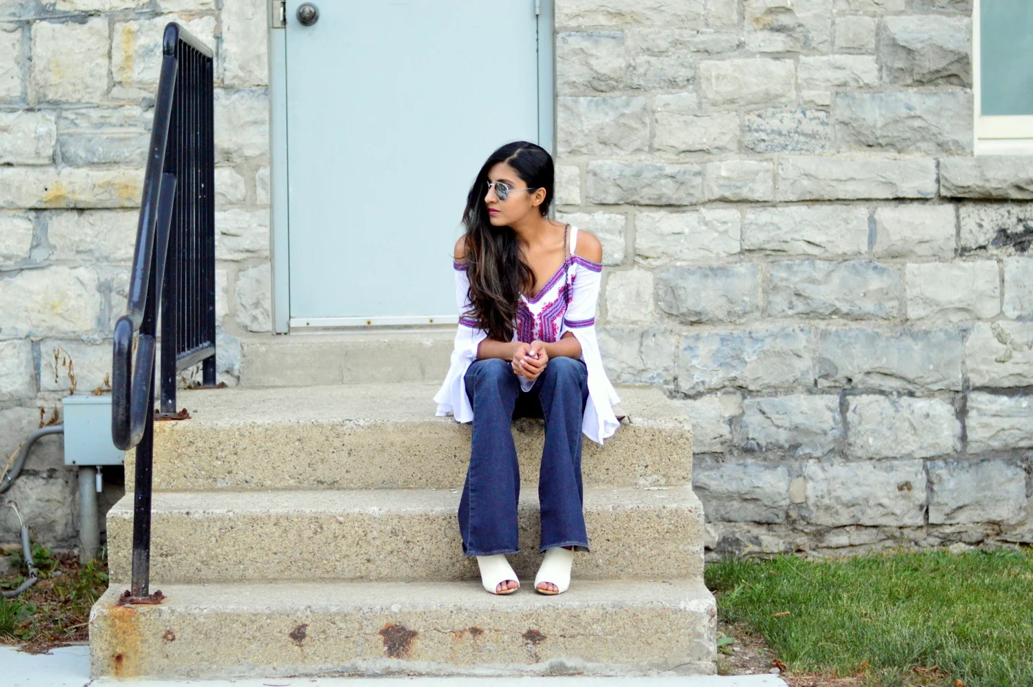 Late Summer Casual: Cold Shoulder Blouse + Flare Jeans