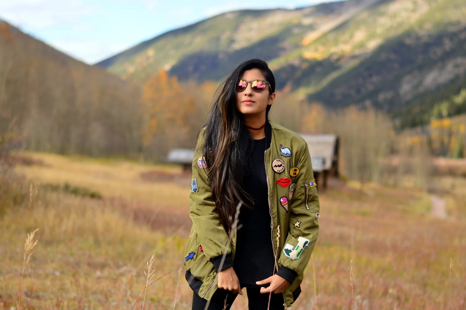 Patchwork-bomber-jacket-fall-fashion-blogger-outfit-colorado-travel 1
