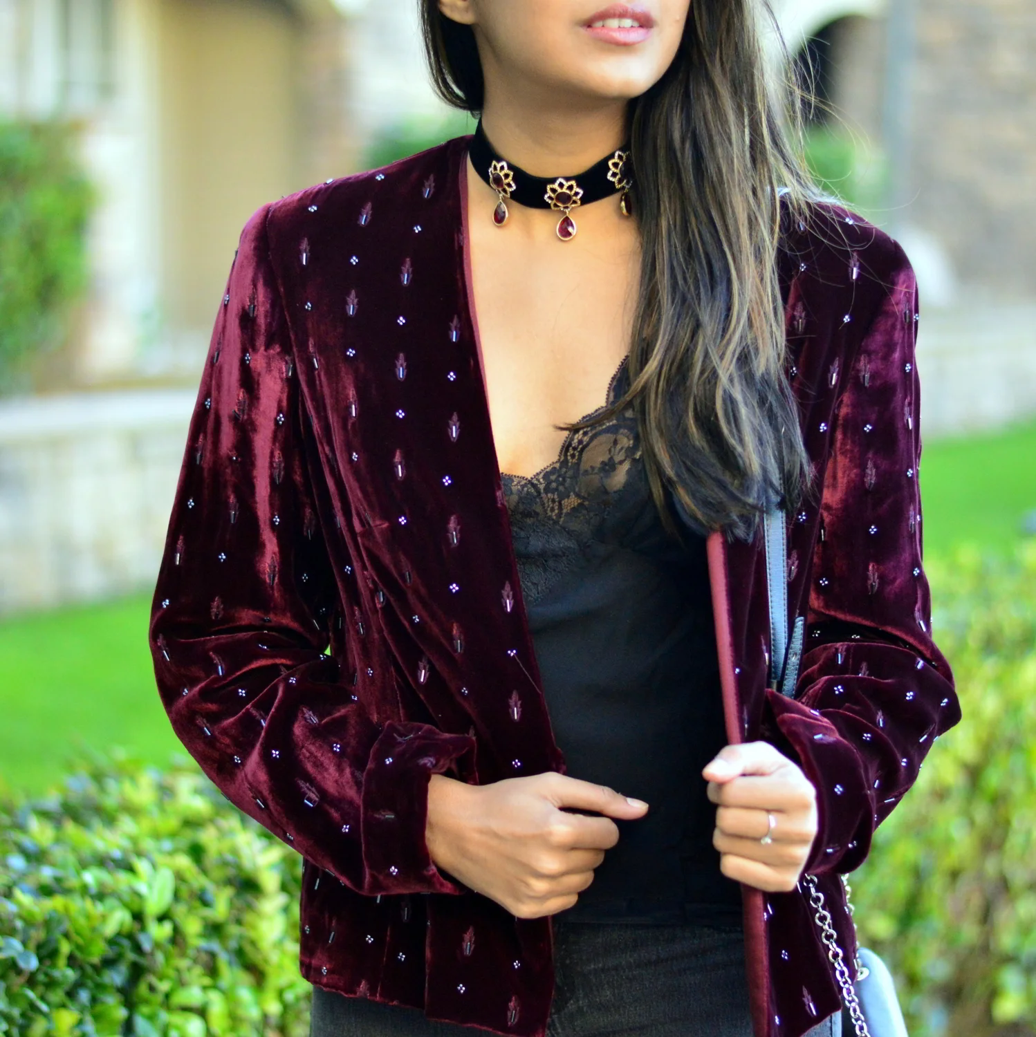 Embellished Velvet Blazer: Half Moon Bay, California