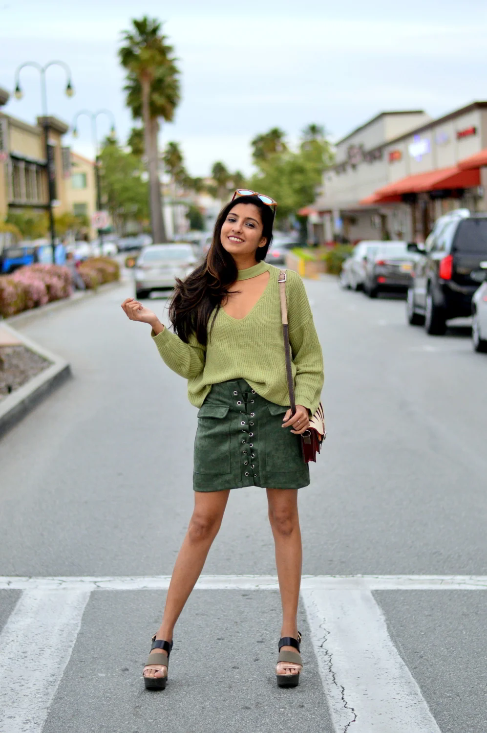 monochrome-green-choker-sweater-suede-lace-up-skirt-spring-blogger-style 5