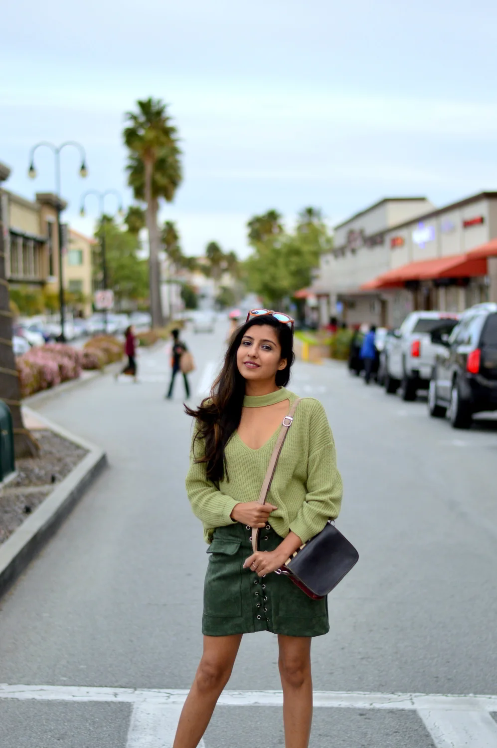 monochrome-green-choker-sweater-suede-lace-up-skirt-spring-style 6