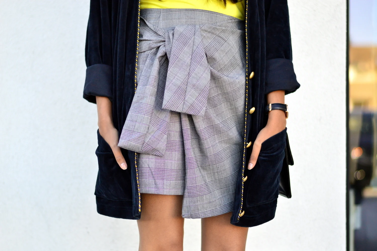 Desk to Drinks: Clear Glasses + Plaid Knot Skirt