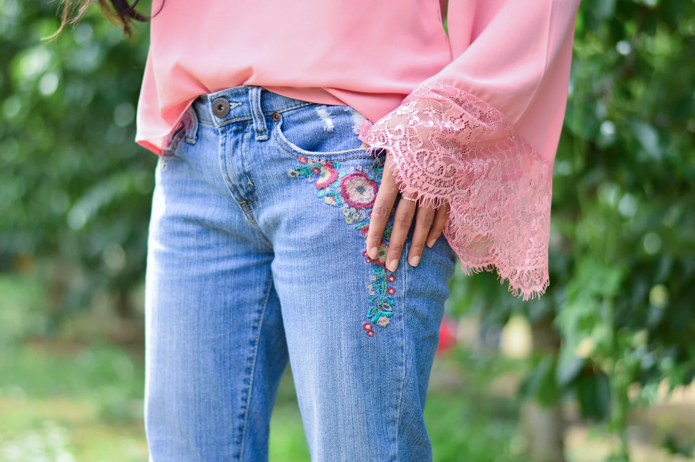 Cherry Picking in Brentwood, CA: Bell-sleeved Blouse + Embroidered Jeans