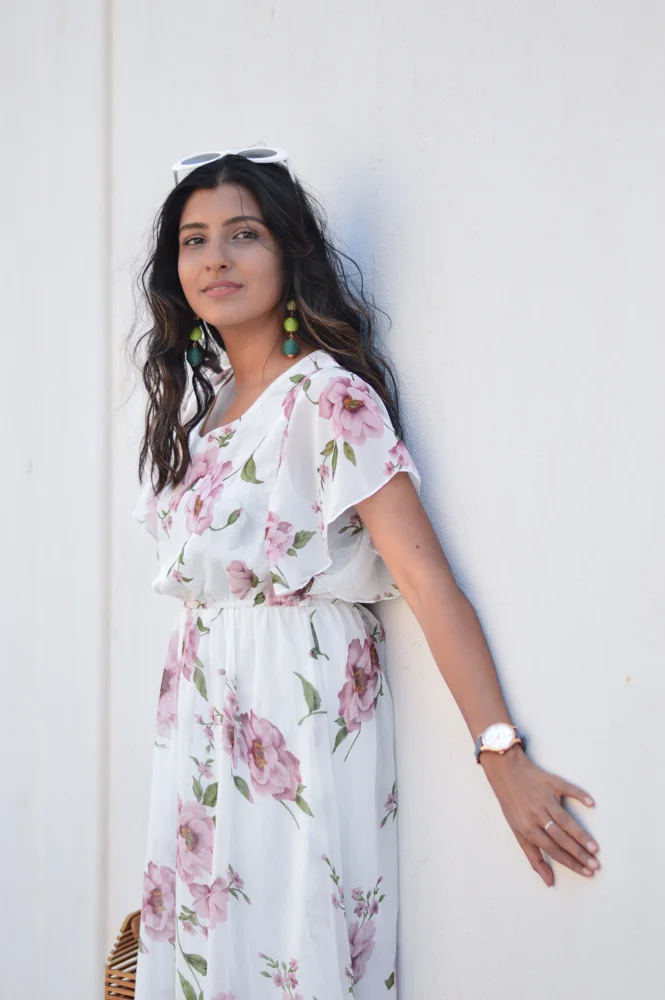neutral floral maxi dress