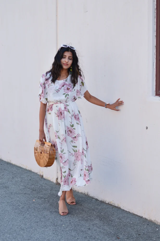 floral-maxi-dress-neutral-mules-bamboo-ark-bag-summer-style 3