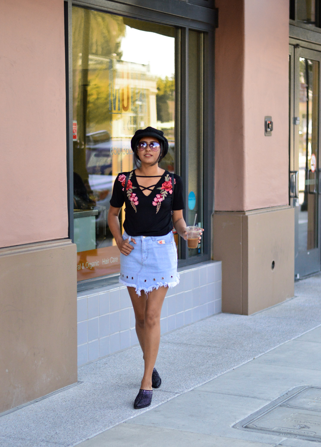blogger-fashion-outfit-denim-skirt-black-tee-studded-booties 3