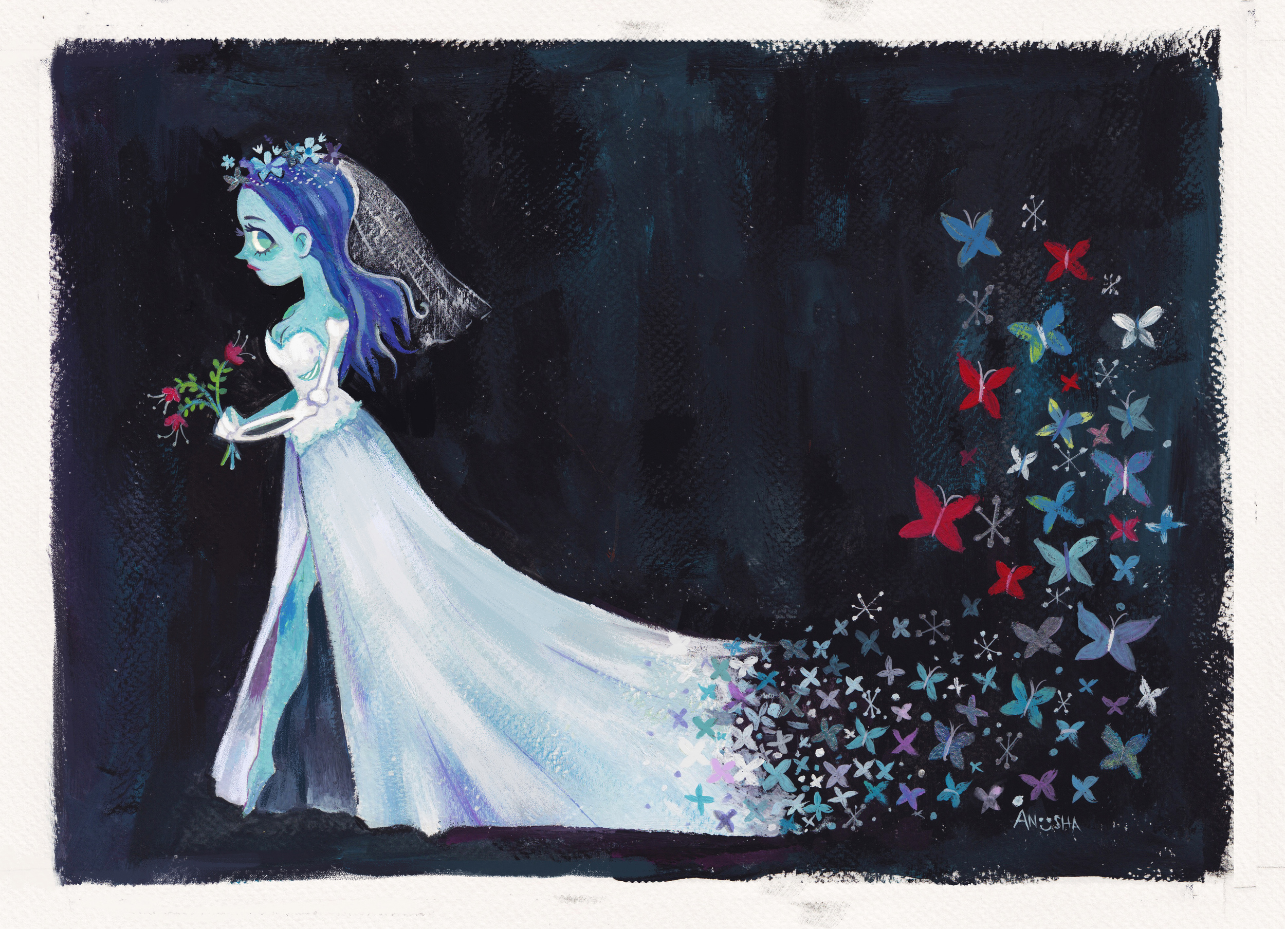 Gouache painting of the Corpse Bride , done for a Tim Burton tribute show at the Gladstone Gallery. (Toronto, Canada). 2016