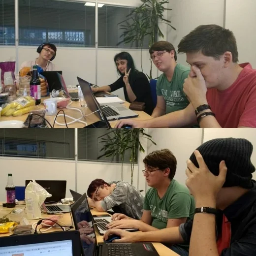 Dom and the Coffin Dodgers team at the start of the game jam, then again at the end...