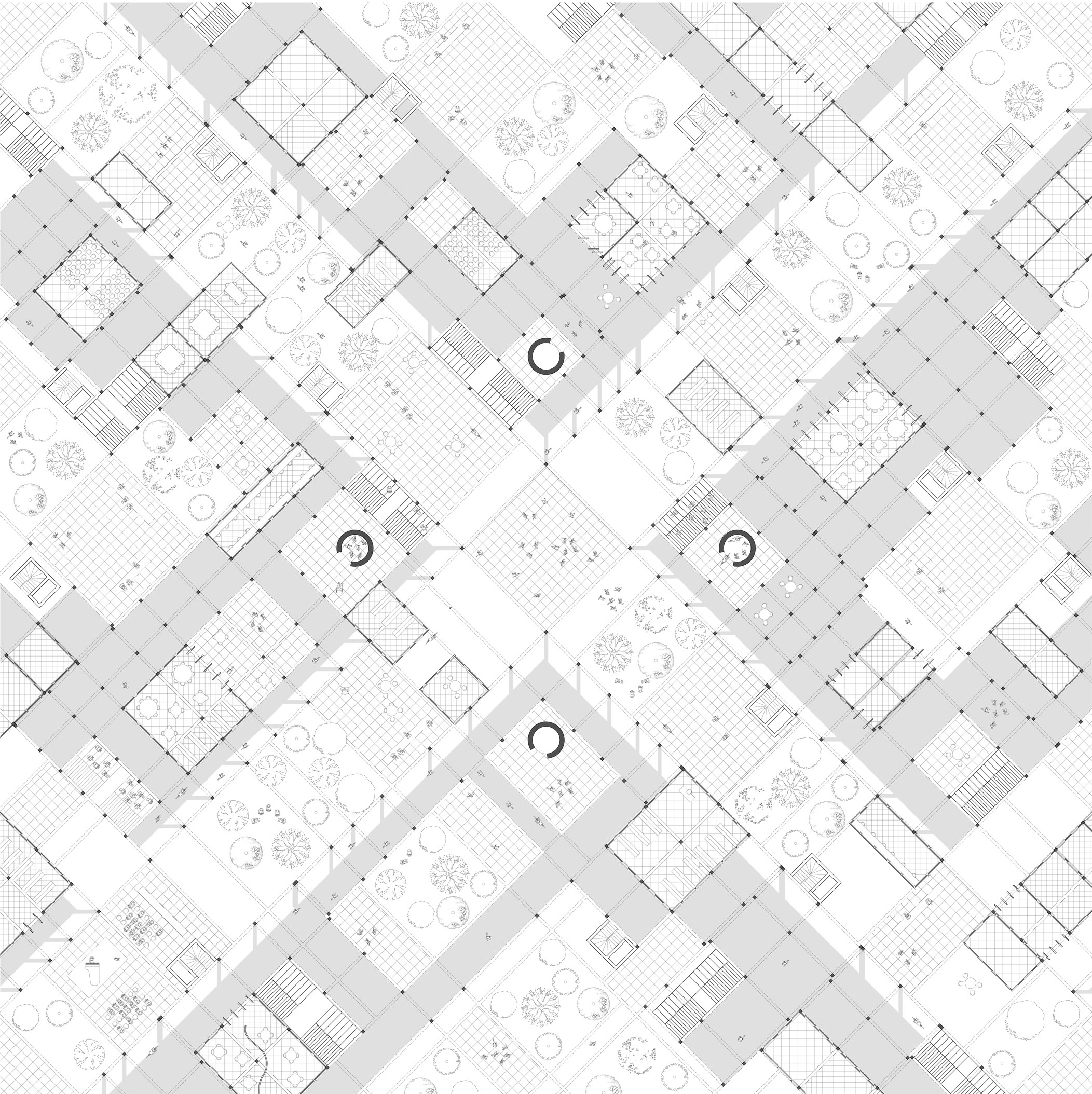 .Pedestrian Crossroad. The condition presented is that of pedestrianized crossroad. The ground floor of the city expands in multiple directions within the continuity that the pilotis suggests. Axes of movement coexist with places of stasis while nature is dispersed equally around the city.