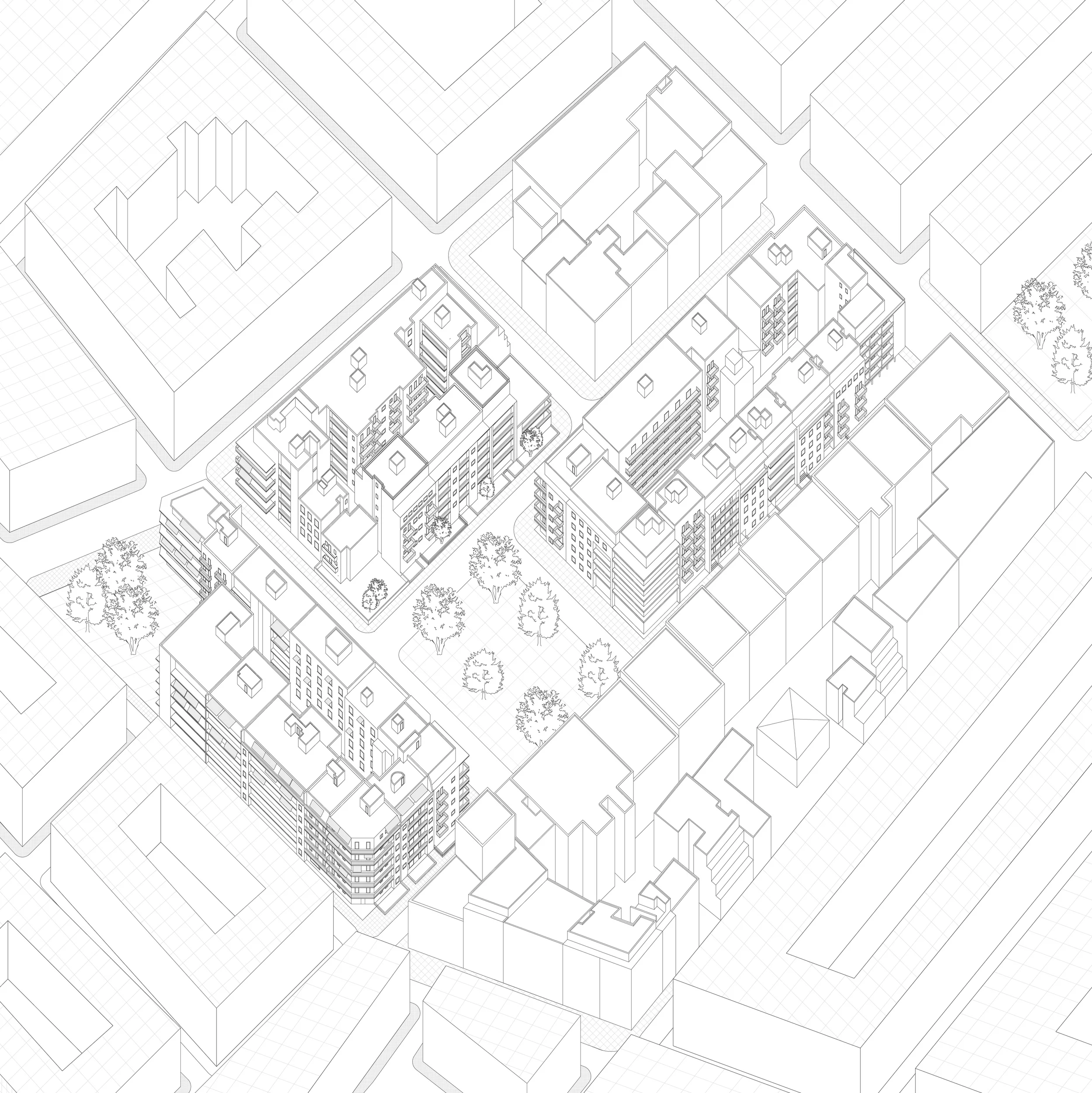 .Axonometric. The axonometric view of the Athenian neighborhood provides an overview of the current urban condition. 