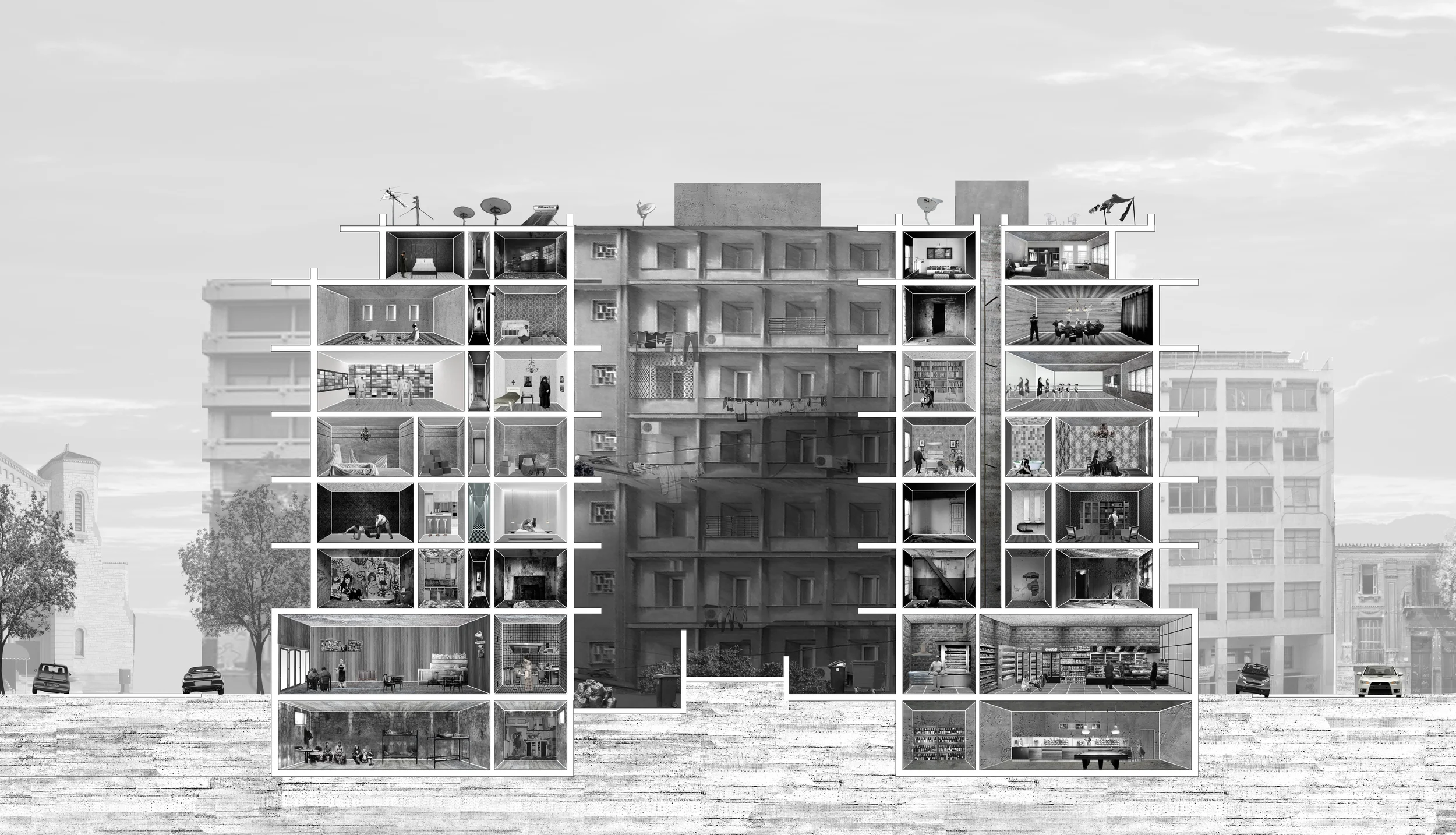 .Section. A section through the Polykatoikia exposes the fragmented character of its architecture. A typology characterized by its hybrid programmatic nature housed almost all social classes. 