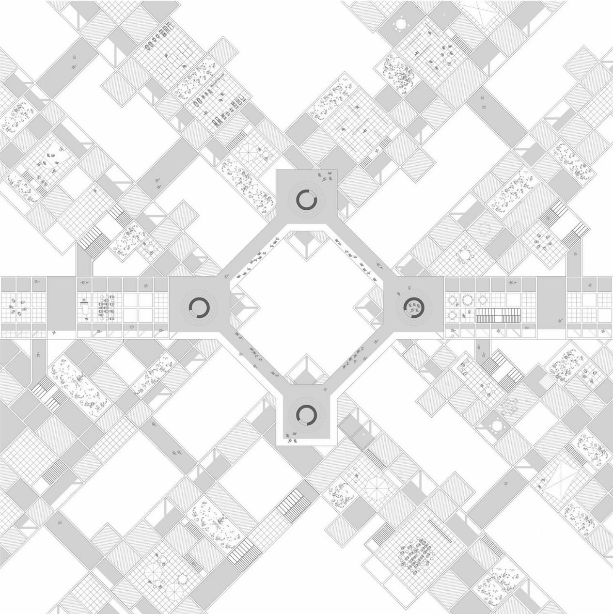 .Bridge Plan. The new network is composed by the movement patterns above the city level. These elevated streets take the form of bridges that act as connectors between different Sectors. They are completely autonomous from the automotive movement and span over the pre-existing urban structure.