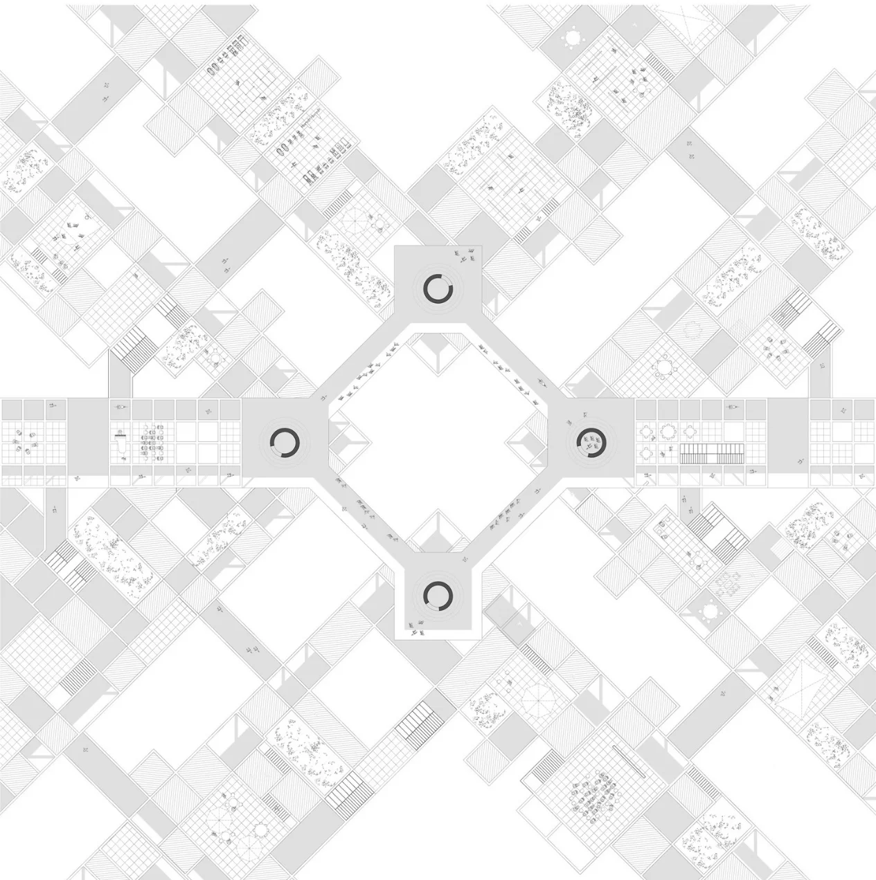 .Bridge Plan. The new network is composed by the movement patterns above the city level. These elevated streets take the form of bridges that act as connectors between different Sectors. They are completely autonomous from the automotive movement and span over the pre-existing urban structure. 
