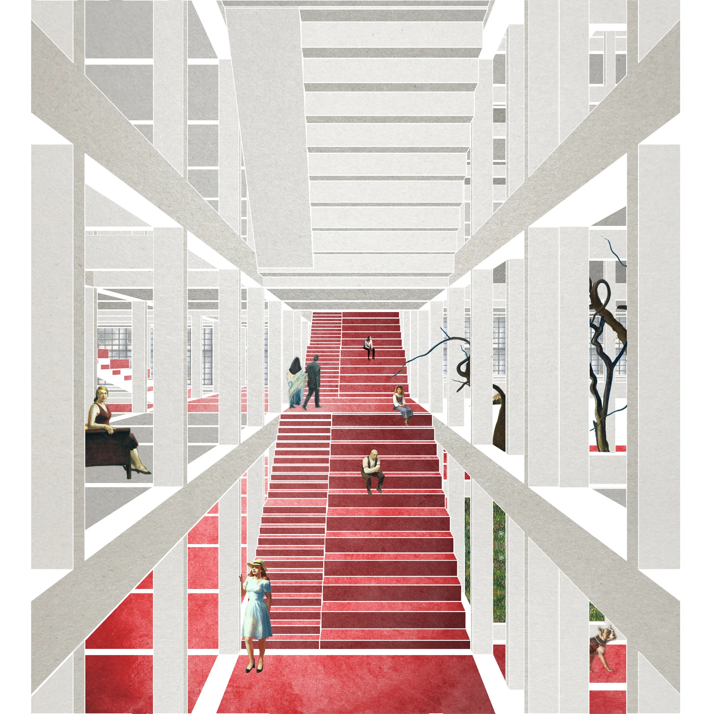 .Auditorium. A key element introduced is that of the Auditorium. This element is used as connector between the multiple levels of the built mass. Instead of acting as mere circulation elements, its principle role is to form spaces of negotiation between the inhabitants.