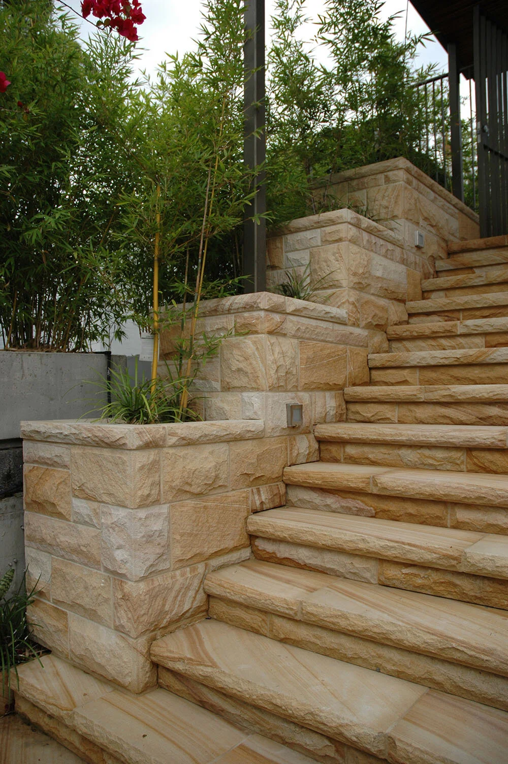 Sandstone steps, rock faced finish, medium brown colour range