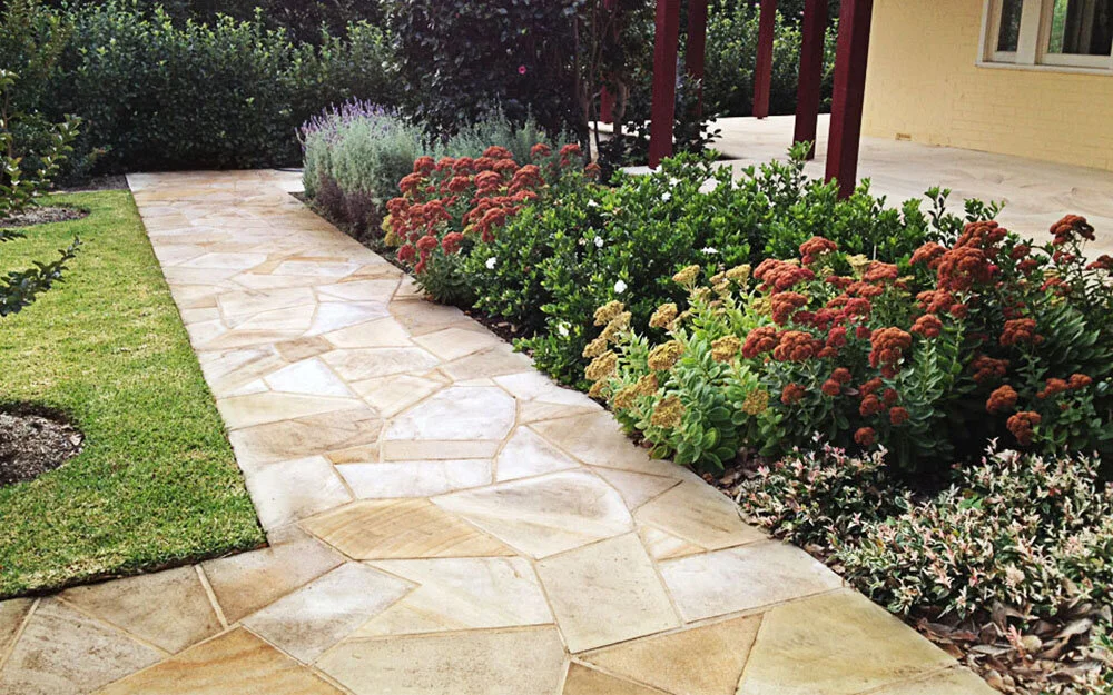 Sawn flagging used to create “Crazy paving”, light- medium Brown Colour