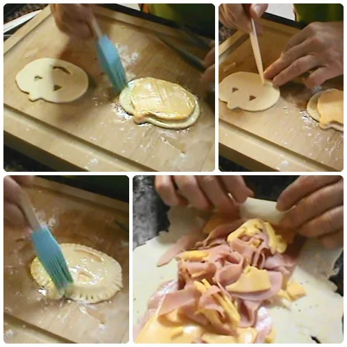 Con los recortes de masa sobrantes lo estirais y rellenais con los sobrantes de jamón y queso hacer como una Napolitana y cortais un poco los laterales para que quede mejor lo pintais como una huevo al horno.