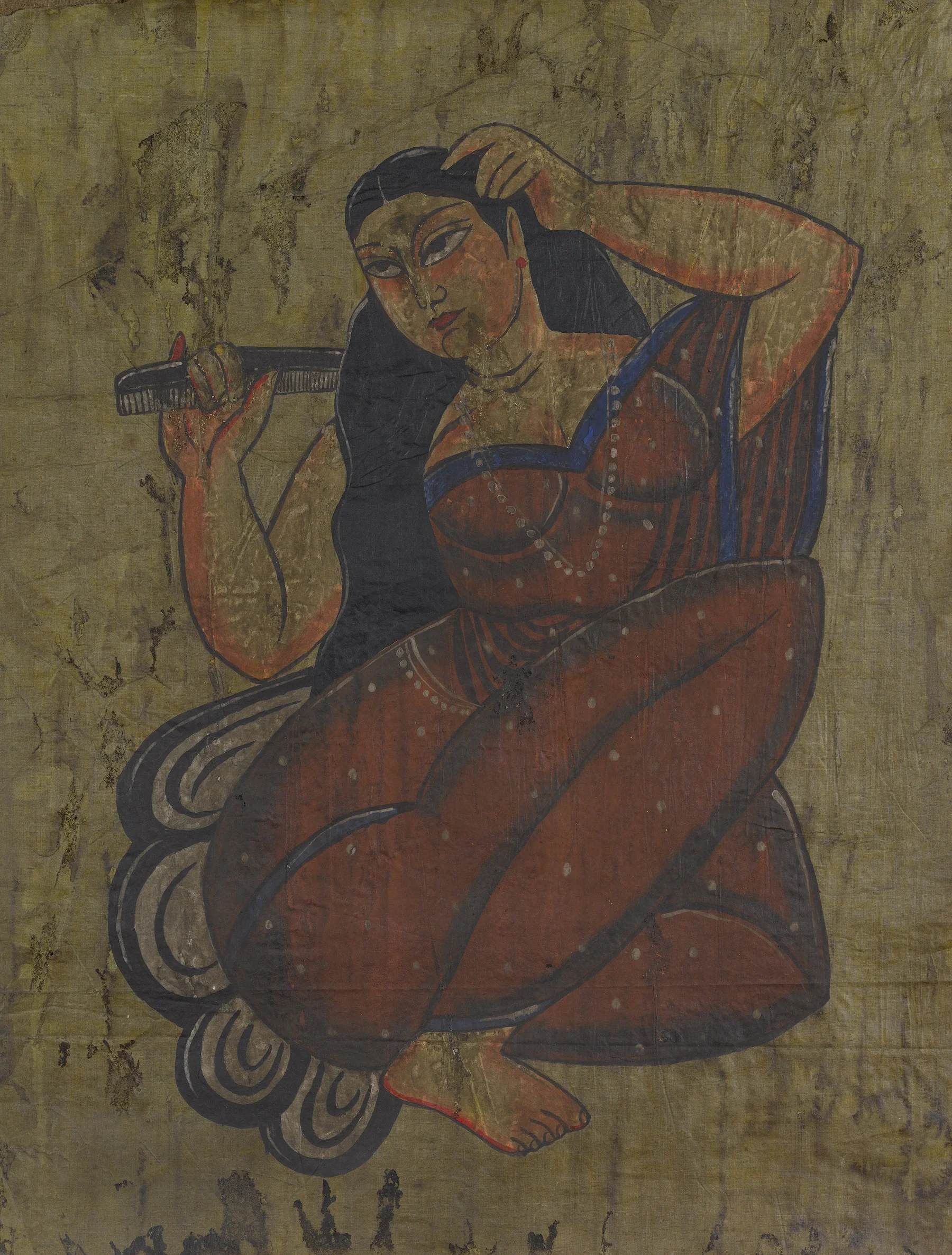 Kalighat Patachitra. Lady combing her hair. Early twentieth century.