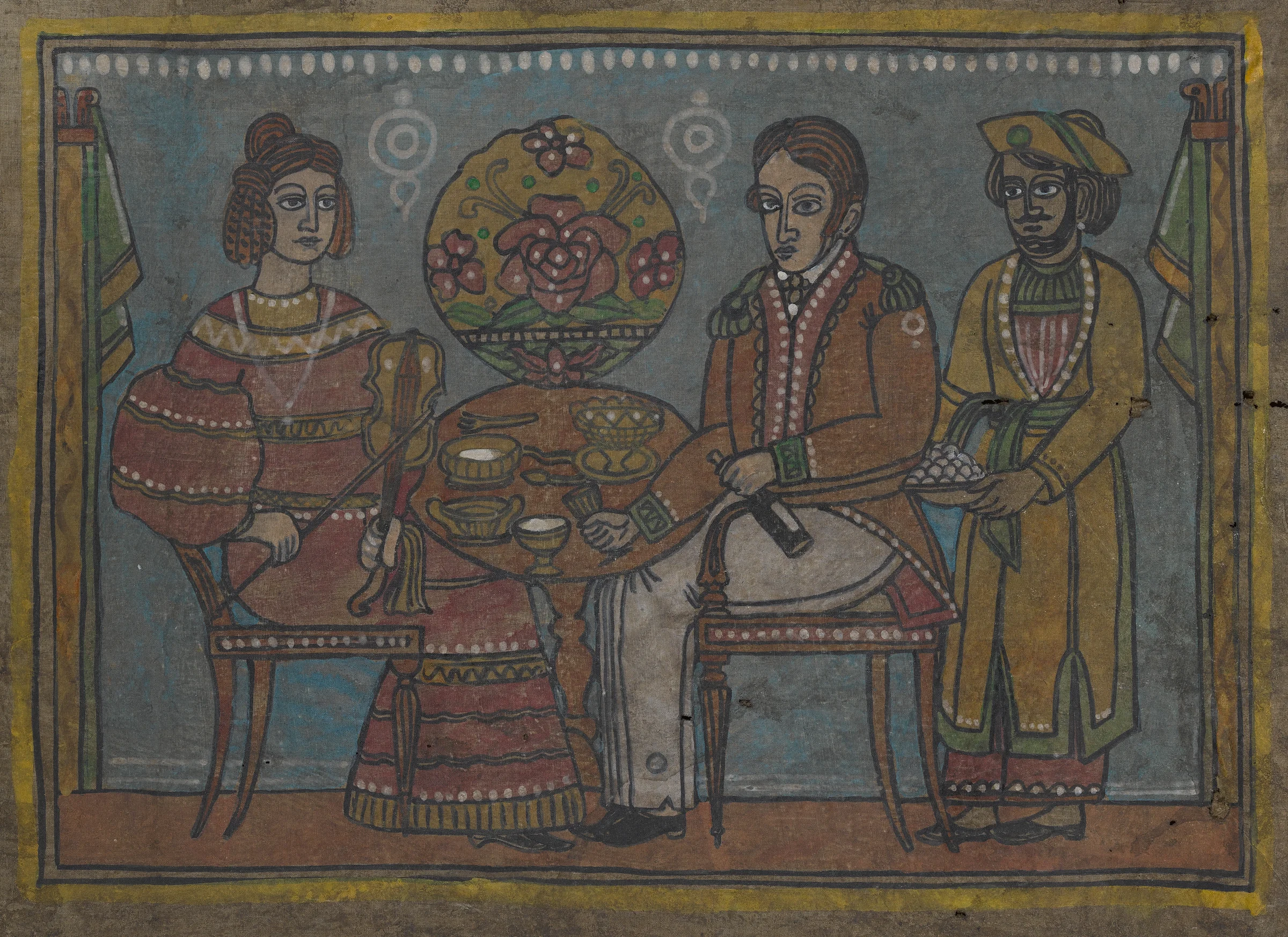 Kalighat Patachitra. Sahib drinking wine, Memsahib playing the violin, Native male attendant. Early twentieth century.