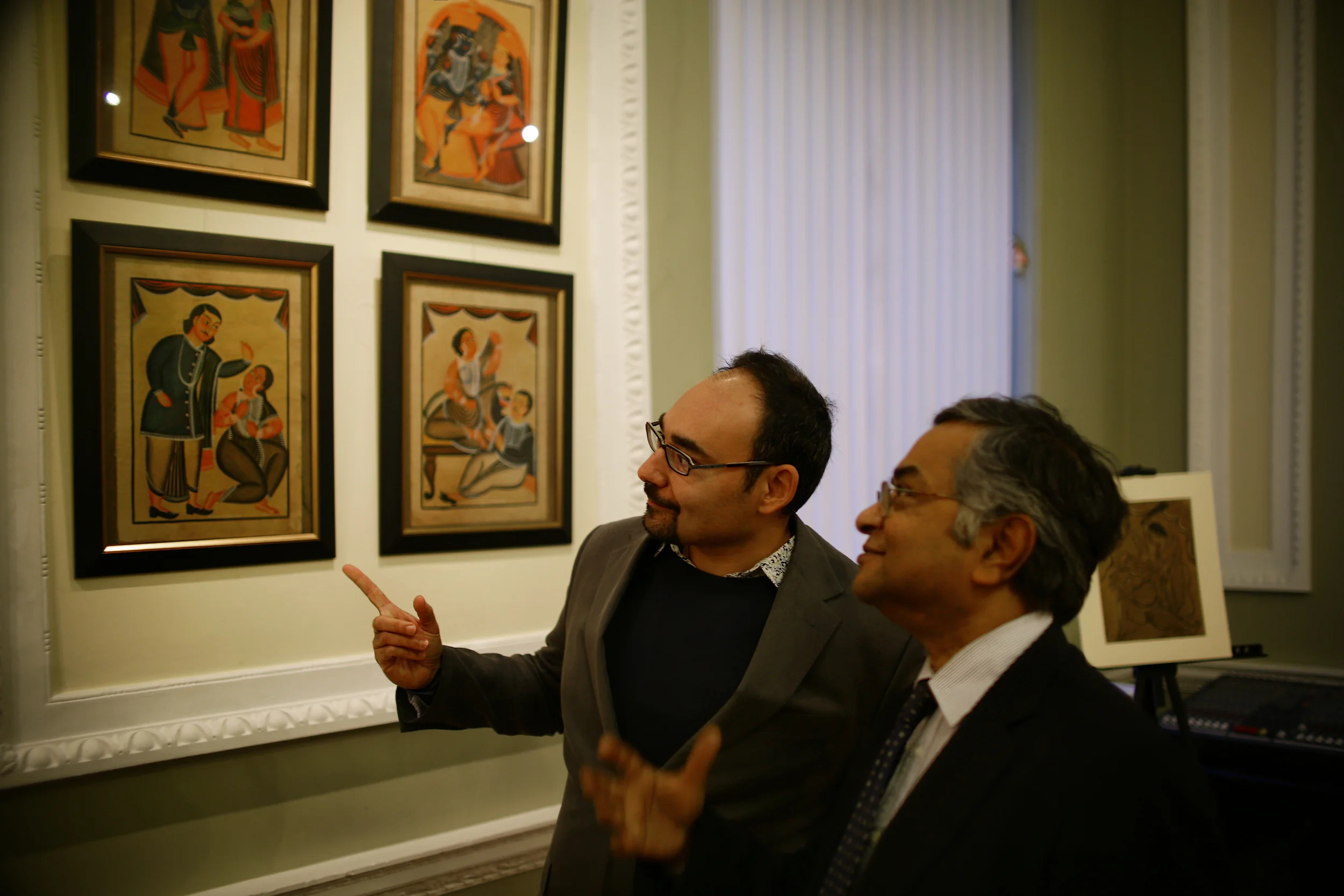 Guests viewing the Kalighat patachitra, Nehru Centre, London, 14/09/2015.