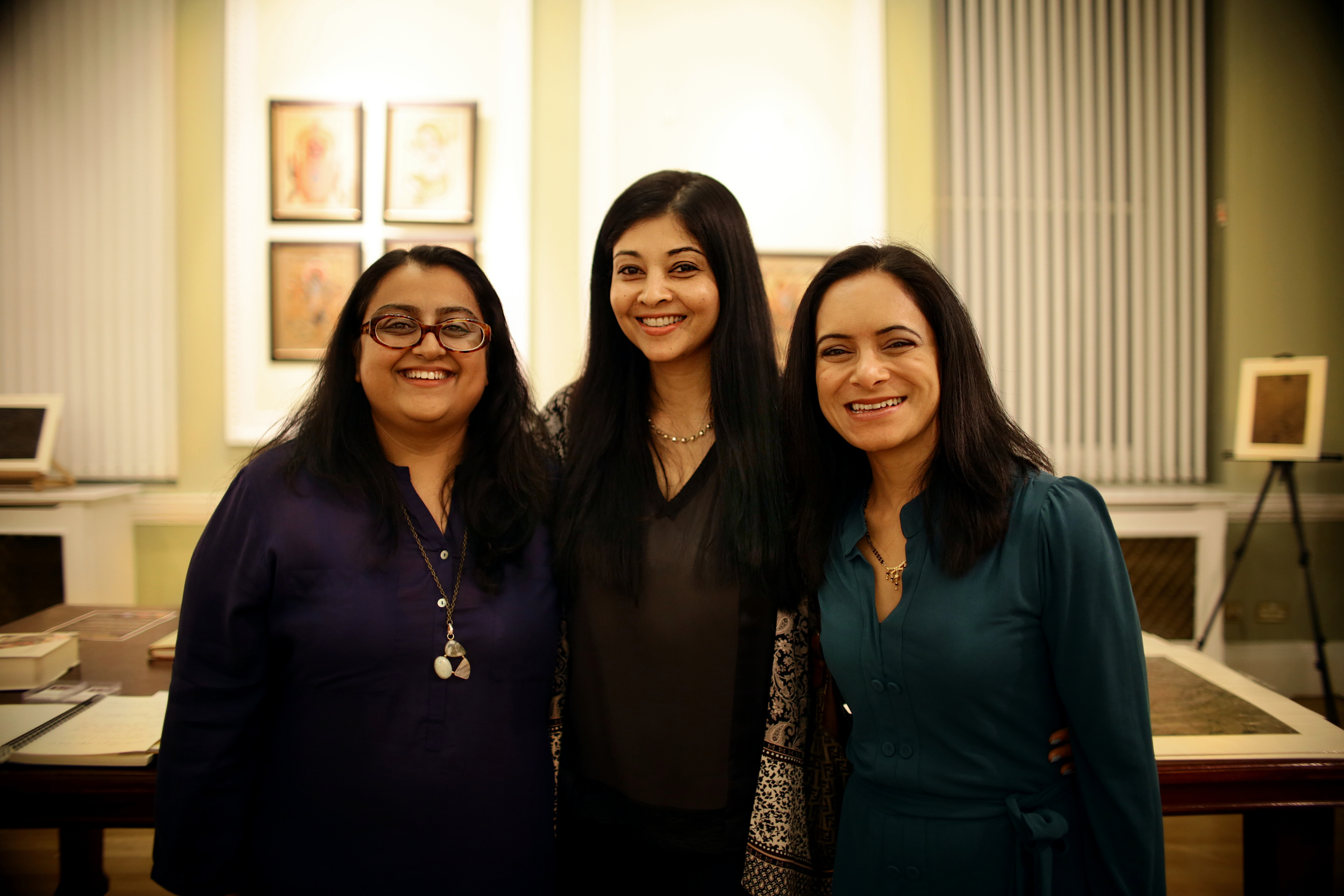 Nupur Ganguly and Gargi Yadav, the curators of Kalighat patachitra, along with a guest, Nehru Centre, London, 14/09/2015.