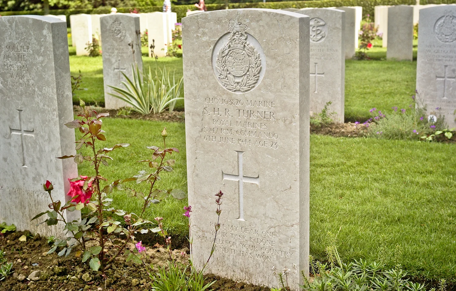 "Rest my dear one, you task is done. You died for your country and it has won." The grave of S.H.R. Turner at the British War Cemetery in Bayeux.