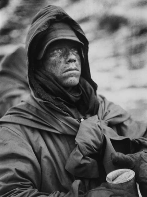One of the most iconic photos from the Chosin Reservoir Campaign. "A dazed, hooded Marine clutches a can of food during his outfit's retreat from the Chosin Reservoir during the Korean War, December 1950". Photo by David Douglas Duncan
