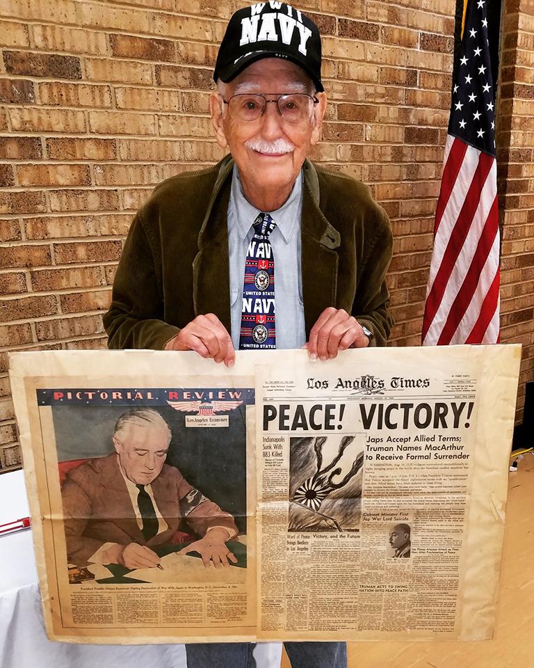 Mr. H, a veteran of the Pacific Theatre, brought these newspapers to the luncheon. His mother had collected and saved these for him while he was away at war, and he only uncovered them last year. The paper on the left is dated March 1942, and the one on the right is VJ Day, 1945 - both historic dates.