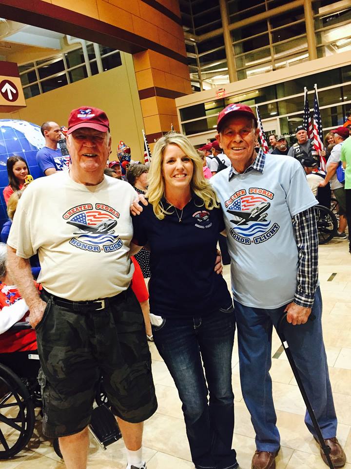 Phyllis Piraino and two of GPHF's very wonderful veterans. PC: Greater Peoria Honor Flight. 