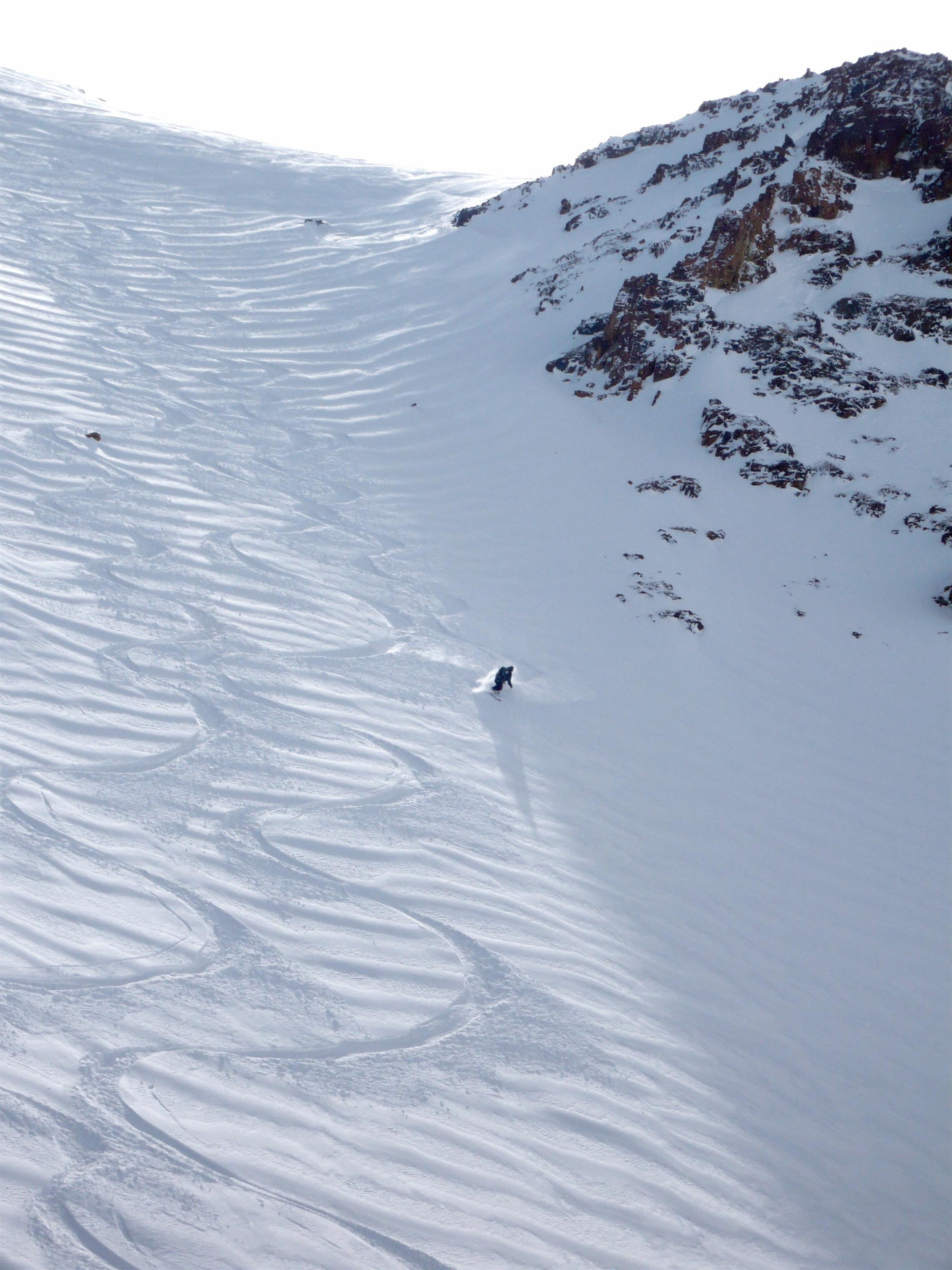 Chalky, wind-buffed snow at Valle Arpa Cat Skiing