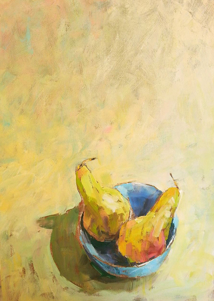 Two Pears in a blue bowl, yellow ground