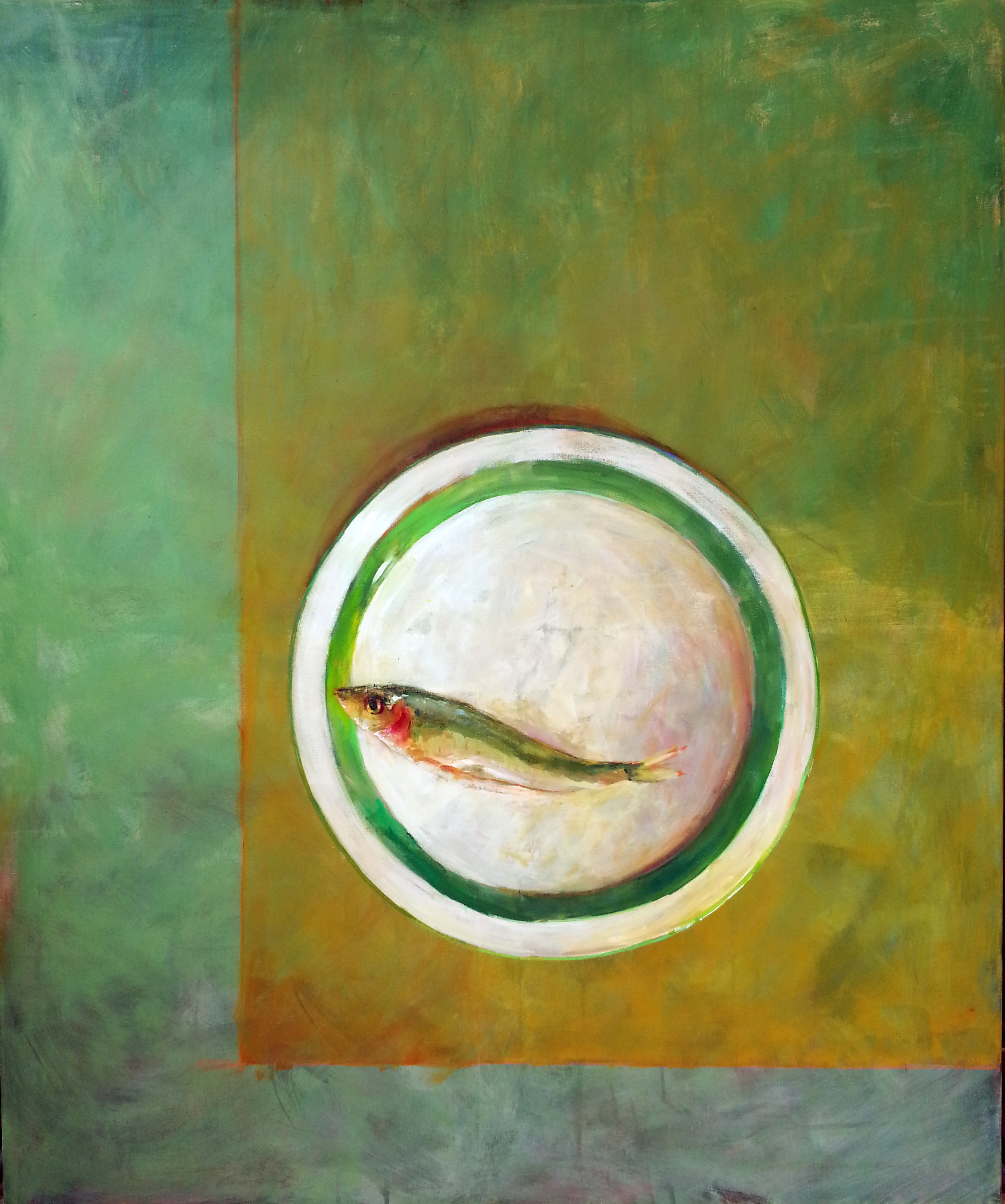 Sardine on a white plate with green band 