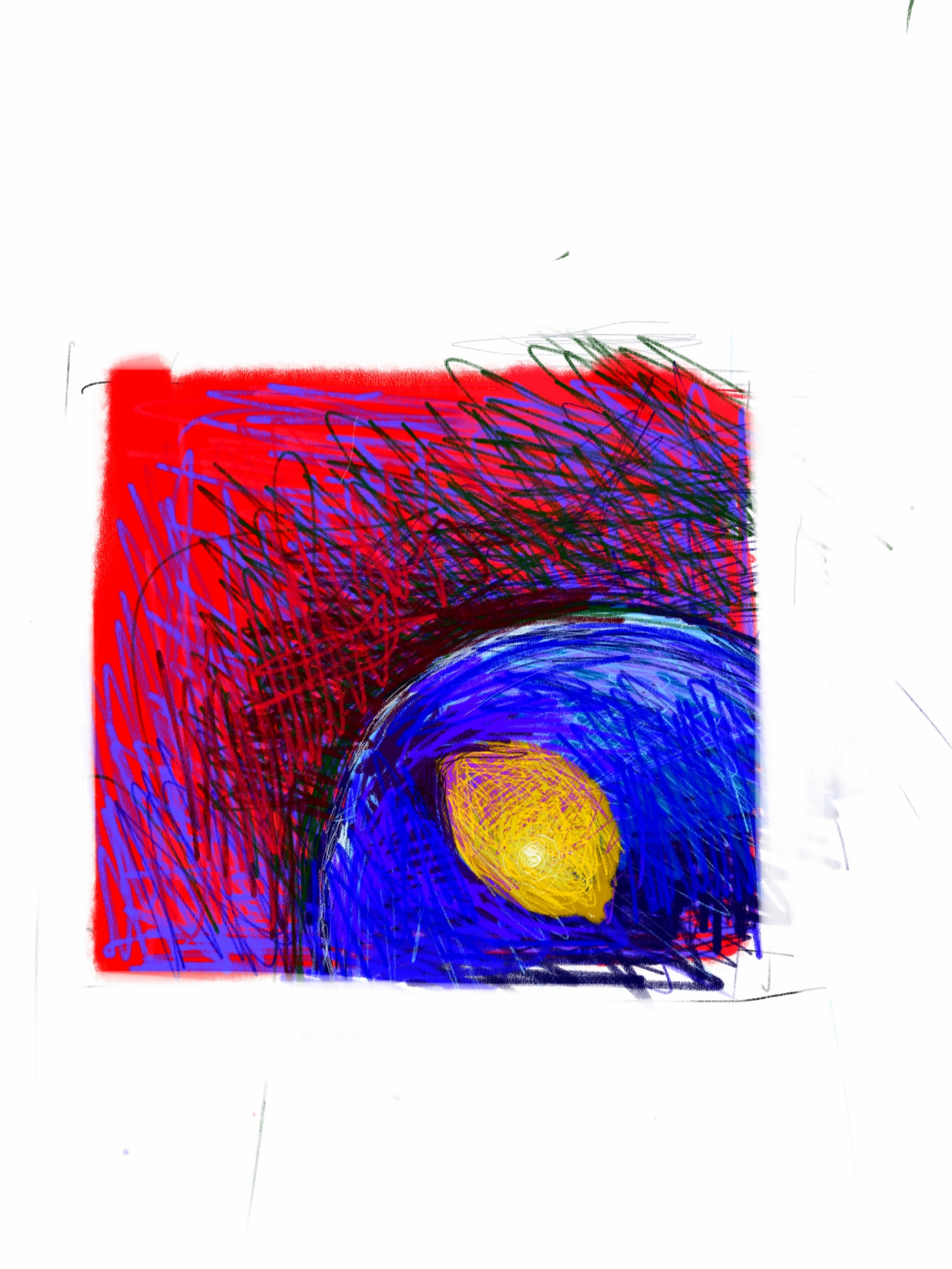 Lemon, blue bowl and red lacquer tray digital sketch