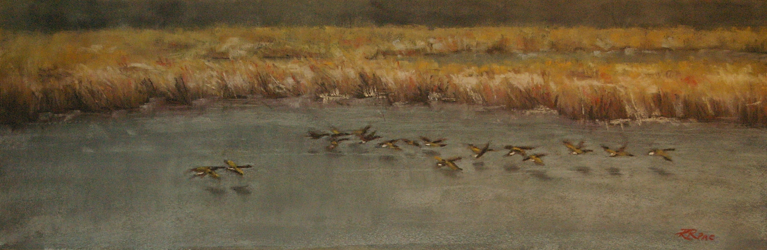 Time to Go , pastel on sanded panel, 12" x 36"; framed $750