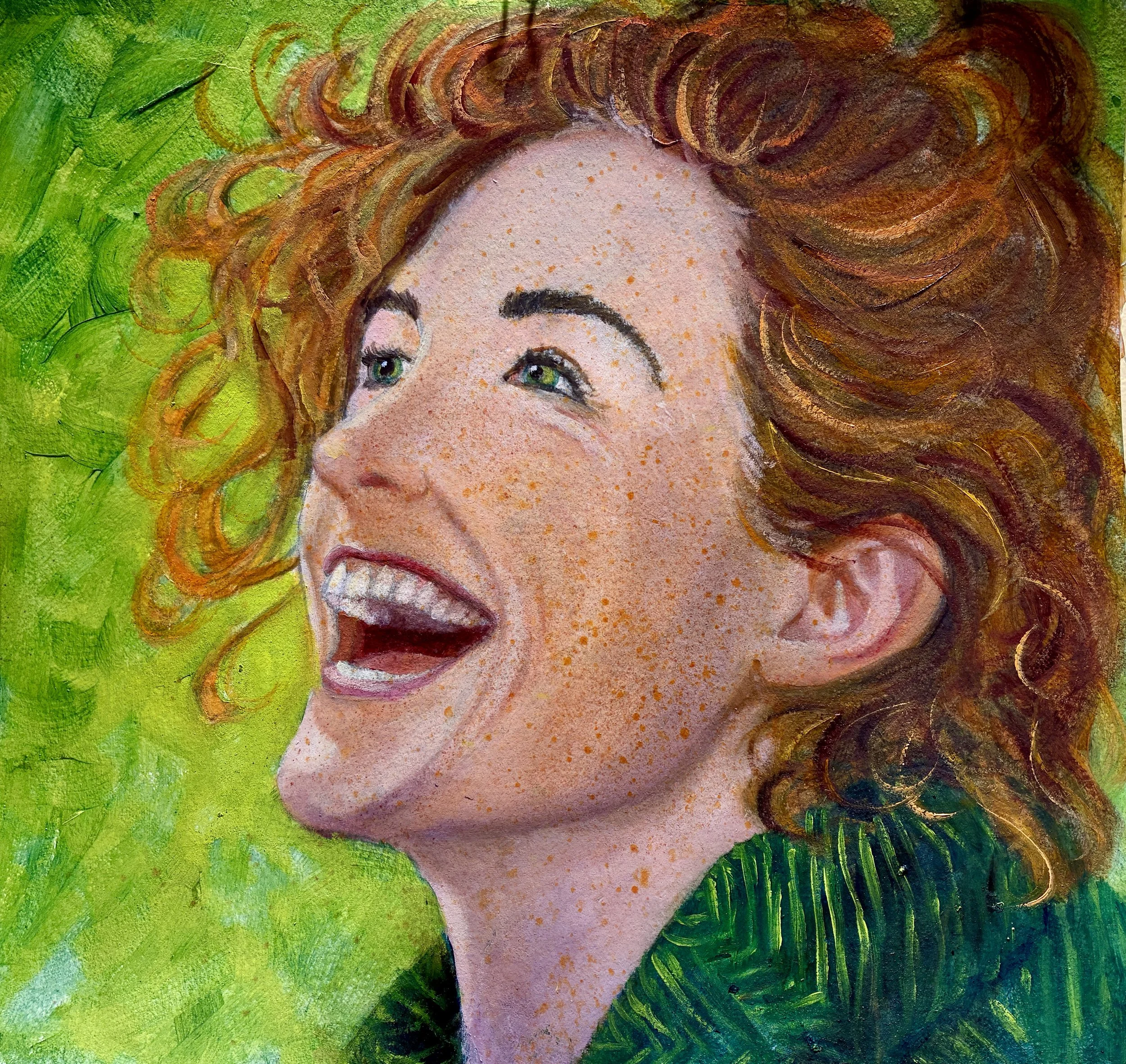 # 14 Prompt: red-haired Irish woman, head thrown back laughing