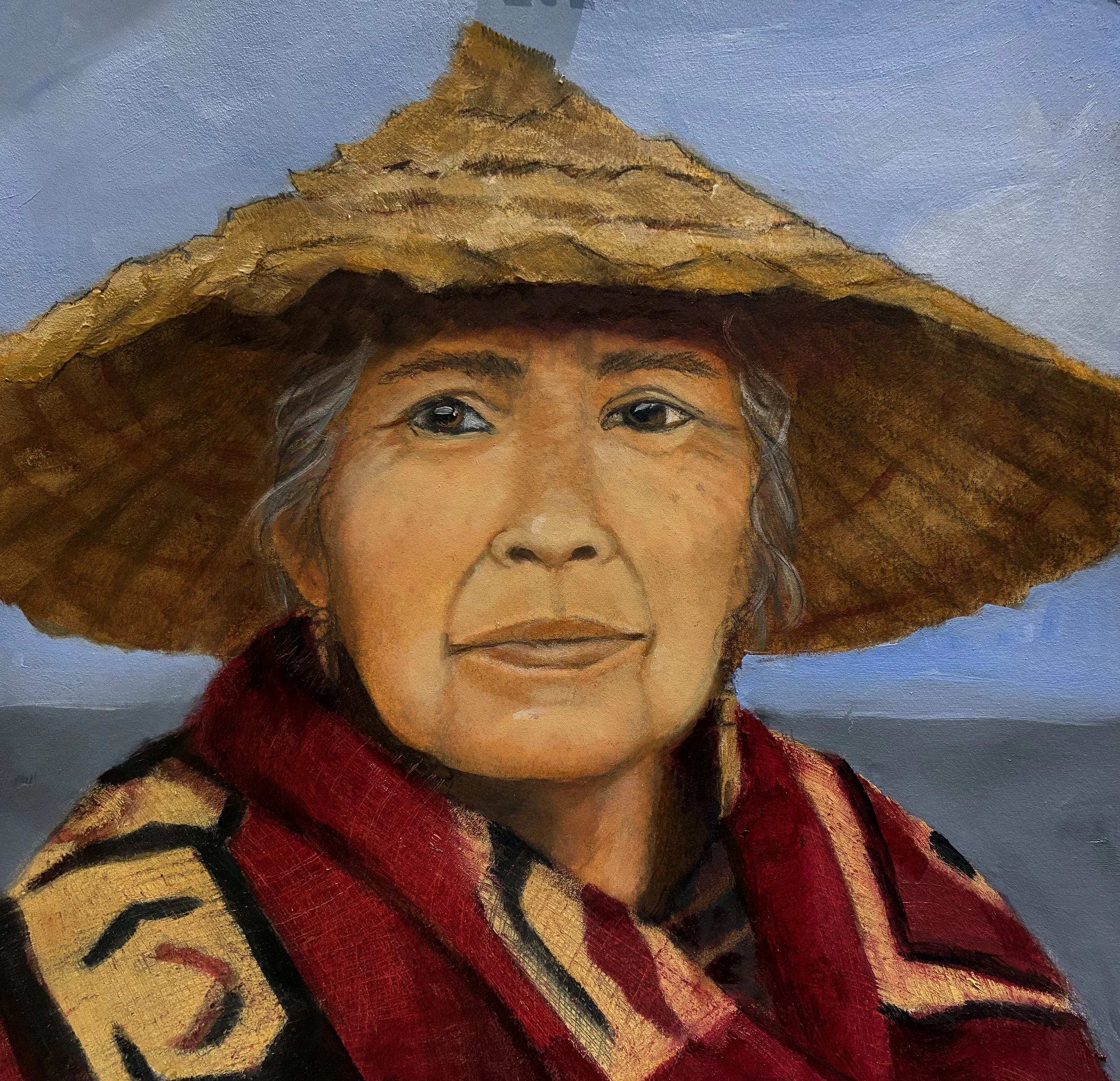 # 16 Prompt: Coast Salish female elder in culturally appropriate clothing and hat