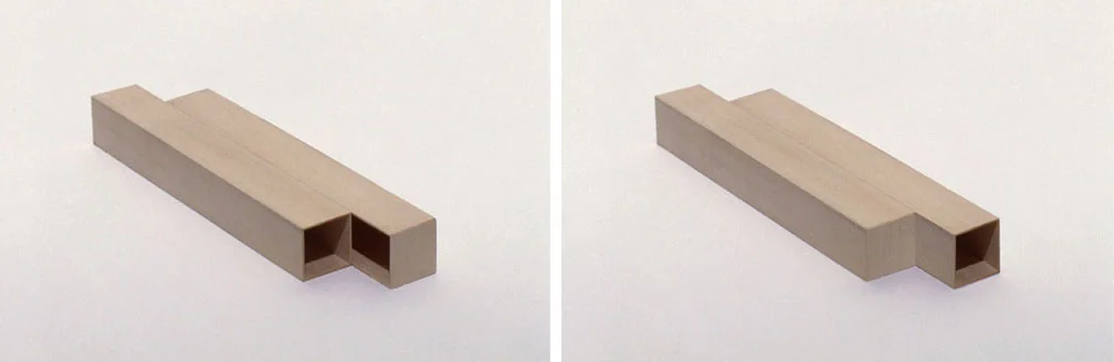 Untitled, 1991, wood or painted metal, length approximately 8 ft. Views of opposite ends of a proposed two part piece. Sliding the sections past each other reverses the end patterns.