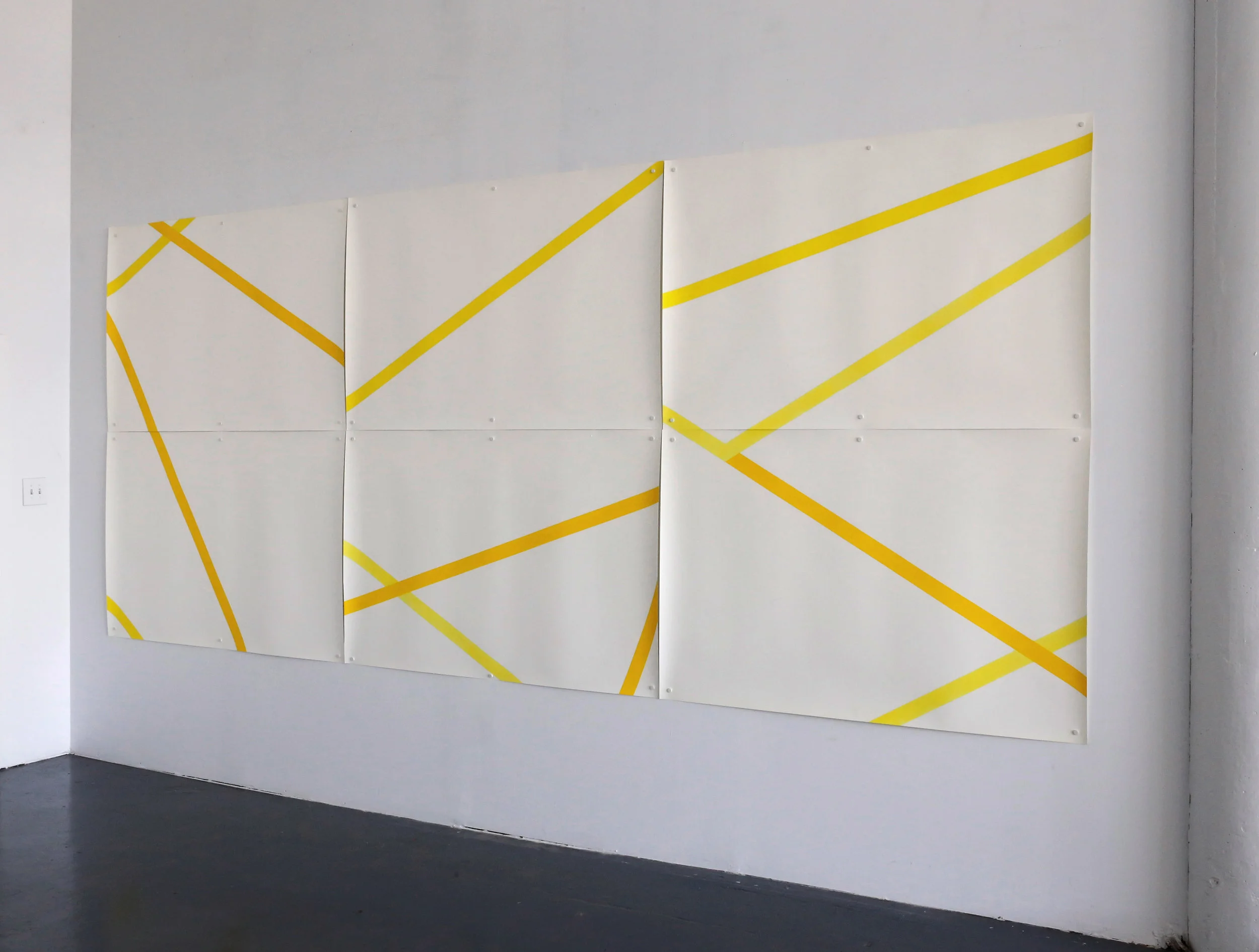 Triangles By Thirds, 2016, 6 panels @ 39.5 x 60 inches, oil medium on paper. Details from an earlier version enlarged and rearranged.