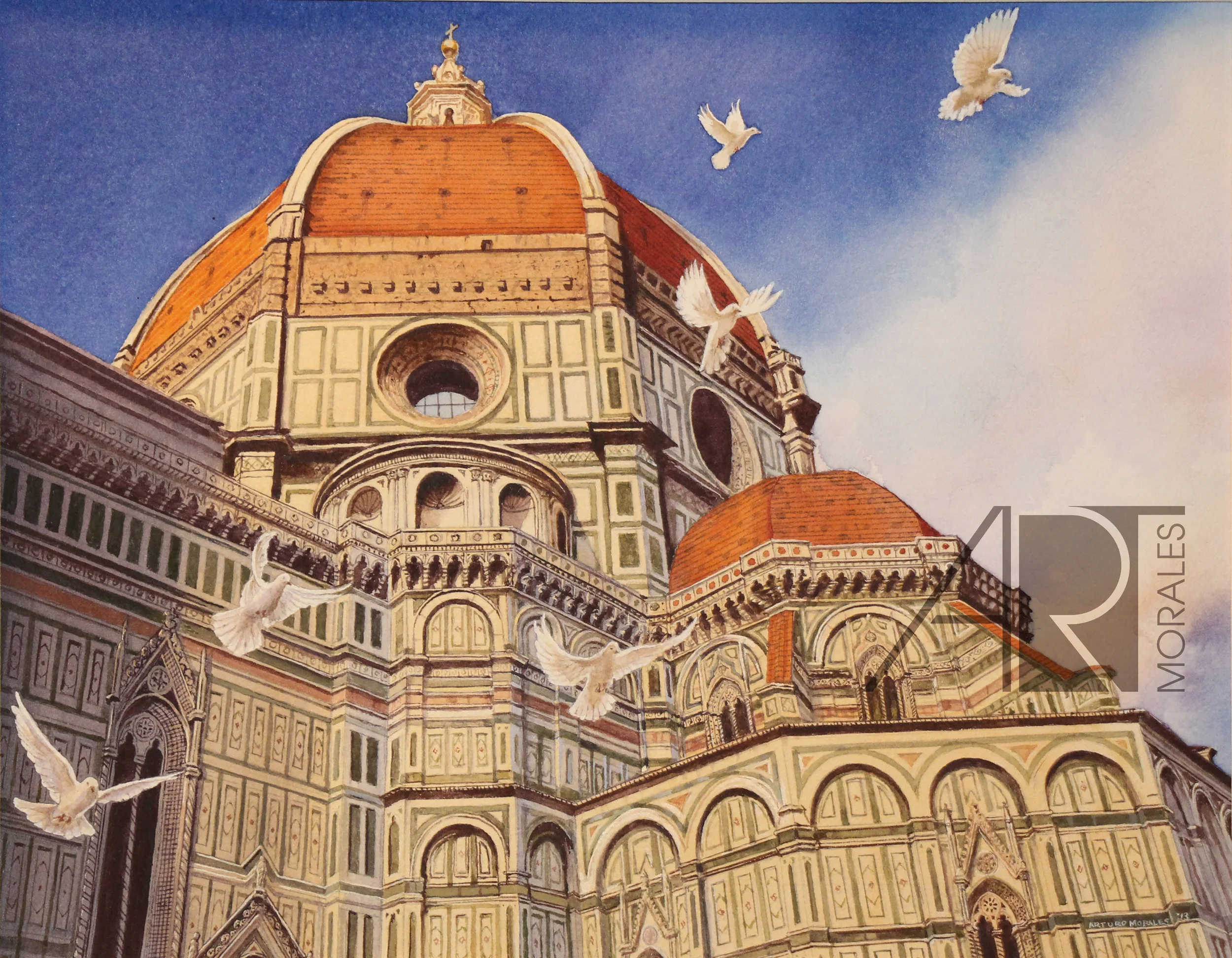 doves of peace over Il duomo, florence, watercolor, 13.5"x 10.5", original: $650, Giclee print: $225