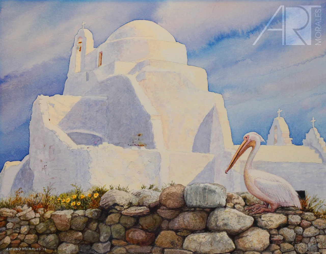 Pink pelican at mykonos church, watercolor, 12.75"x 10", original: $450, giclee print: $160