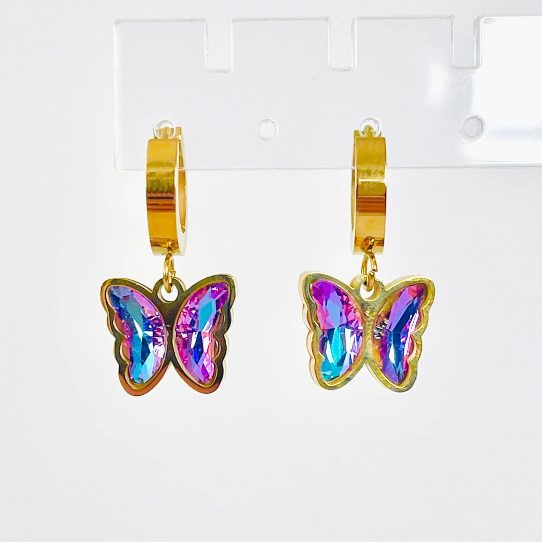 Iridescent Crystal Butterfly Huggie Hoops