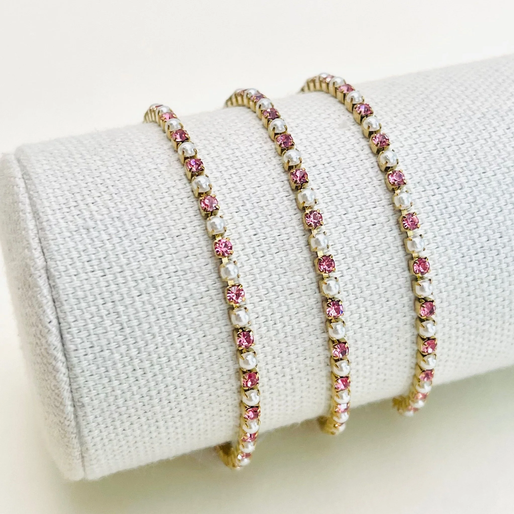 Pink Topaz and Pearl Tennis Bracelet - Stainless Steel